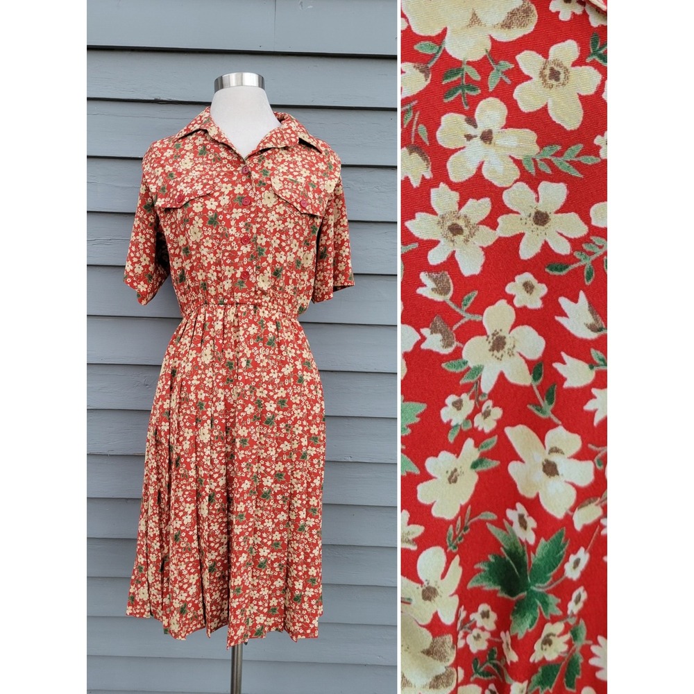 Vintage 80s Leslie Fay Shirt Dress Red Floral Ditsy Print Button Front Petite 6P